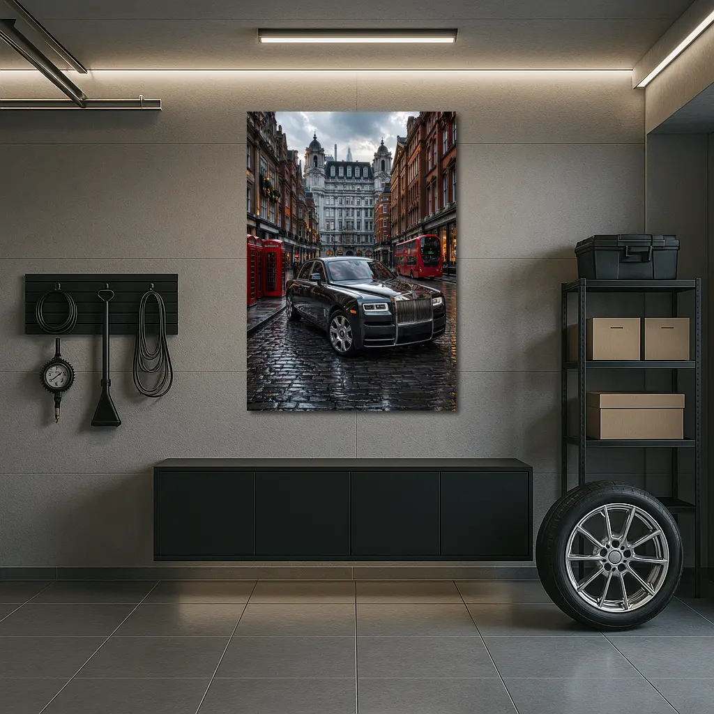 Rolls Royce Ghost London Wet Cobblestone Street – Wall Art