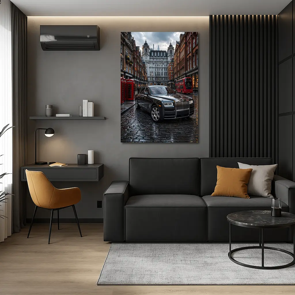 Rolls Royce Ghost London Wet Cobblestone Street – Wall Art