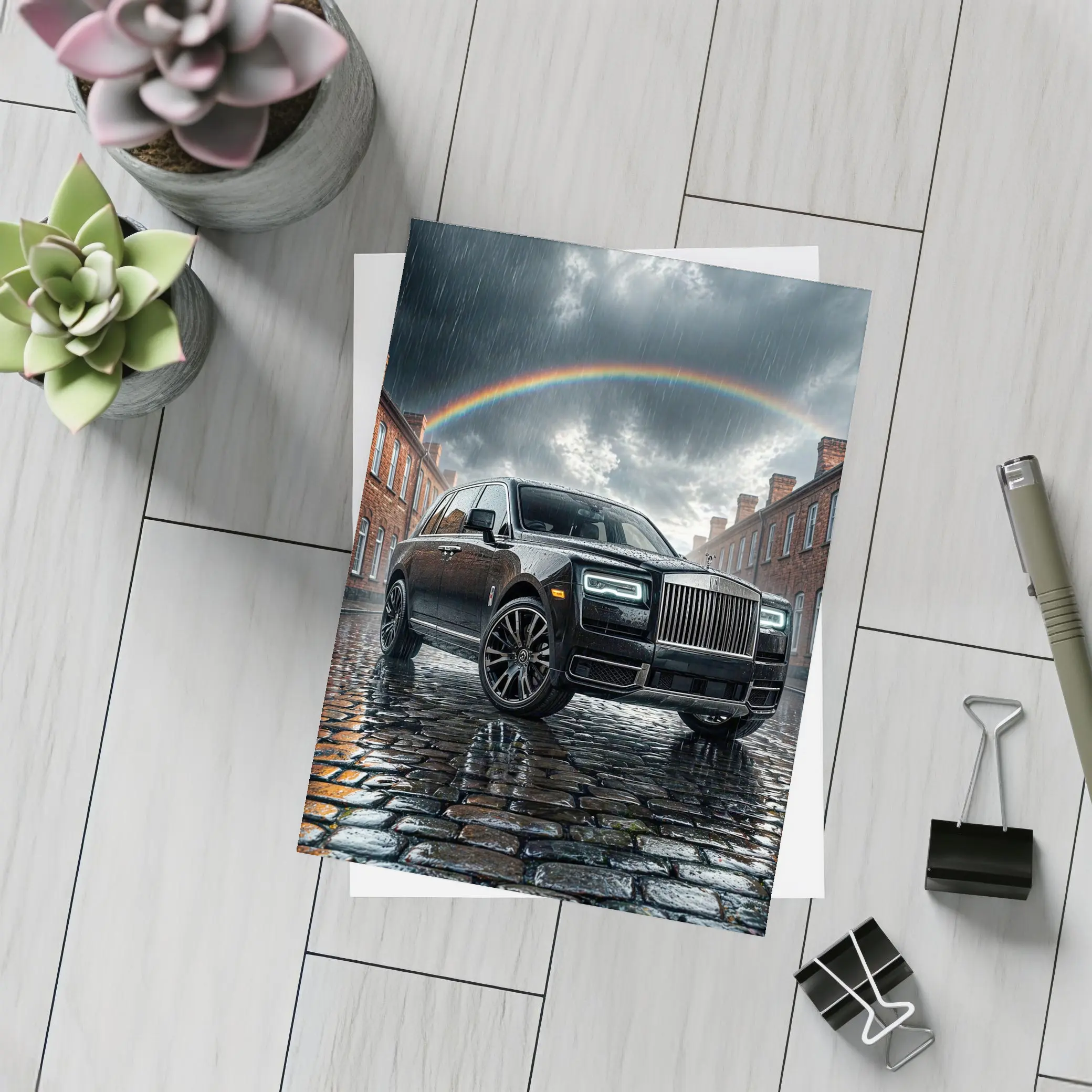 Rolls Royce Cullinan Black Rain Cobblestone Street – Postcards