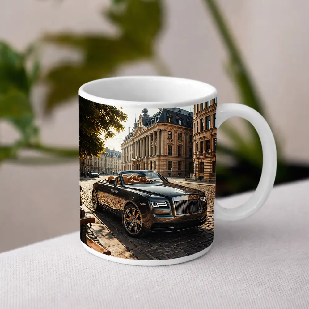 Rolls Royce Dawn Parked European Cobblestone Street – Mugs