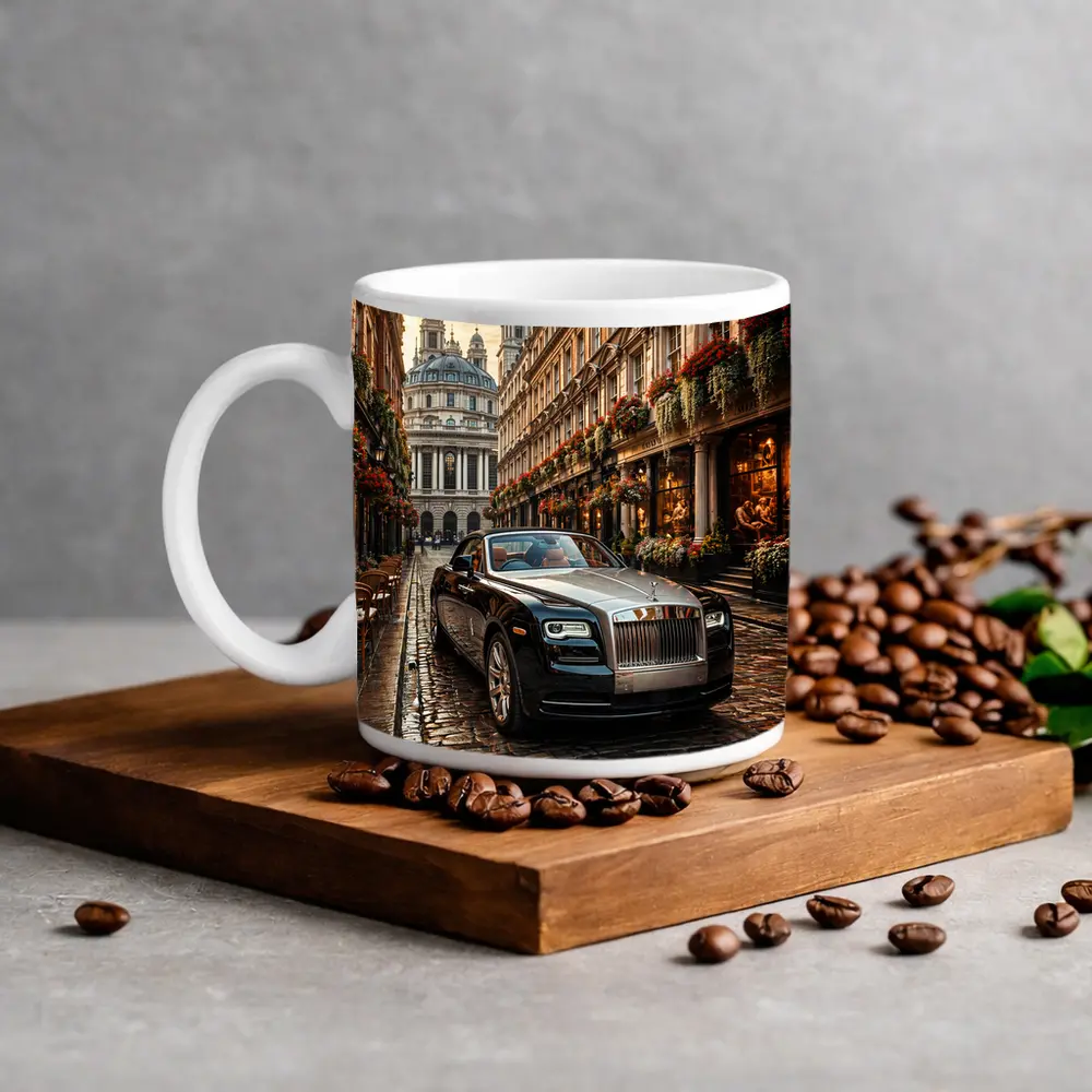 Rolls Royce Dawn Parked on London Cobblestone Street – Mugs