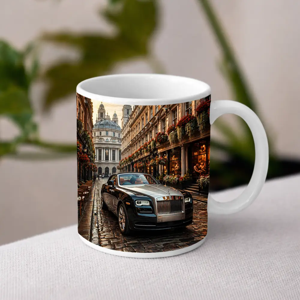 Rolls Royce Dawn Parked on London Cobblestone Street – Mugs