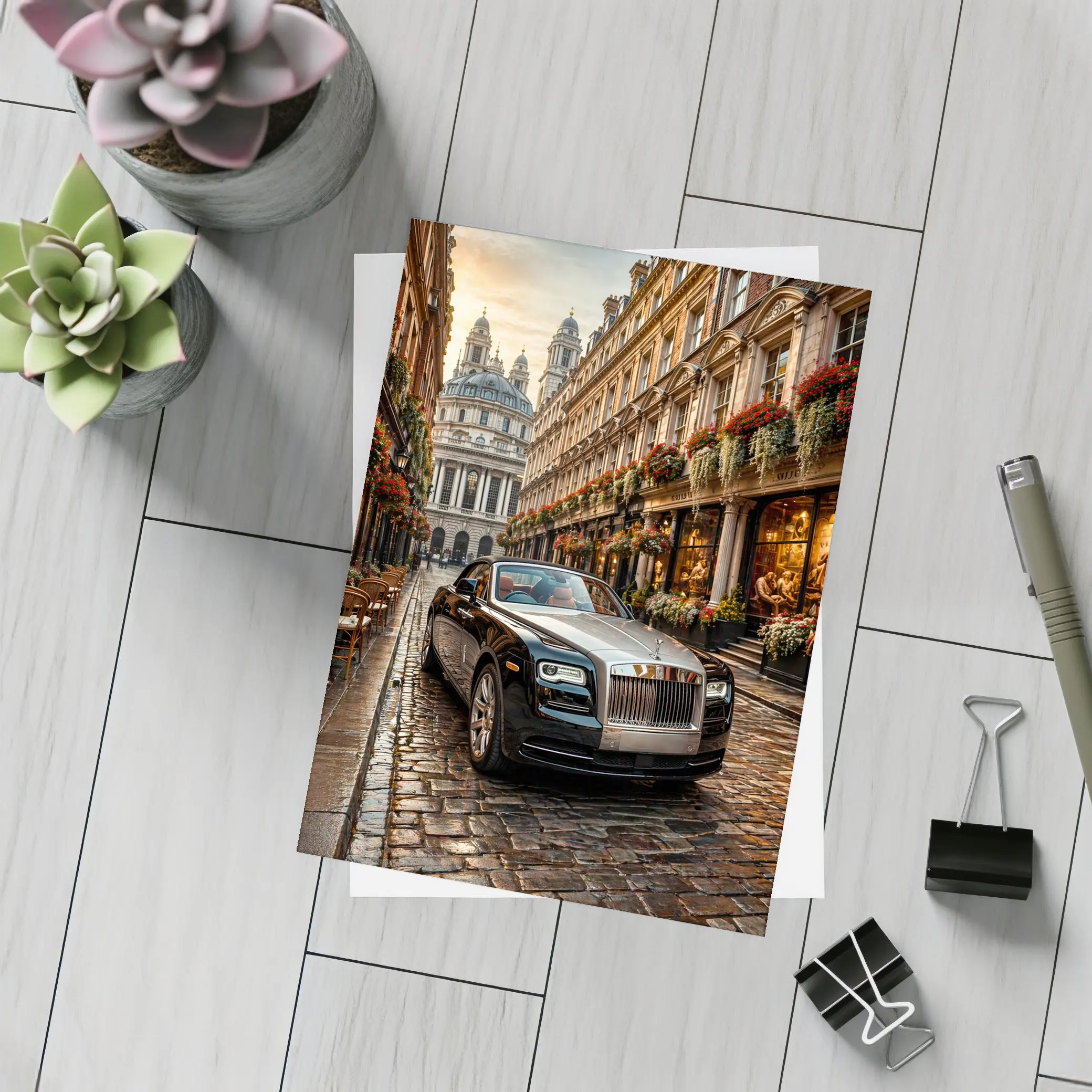 Rolls Royce Dawn Parked on London Cobblestone Street – Postcards
