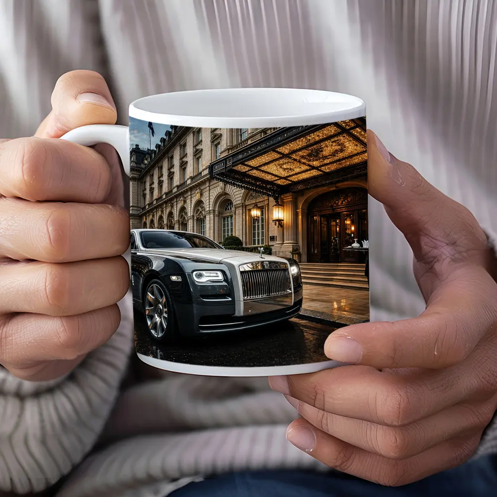 Rolls Royce Ghost Outside Luxury Hotel Entrance – Mugs