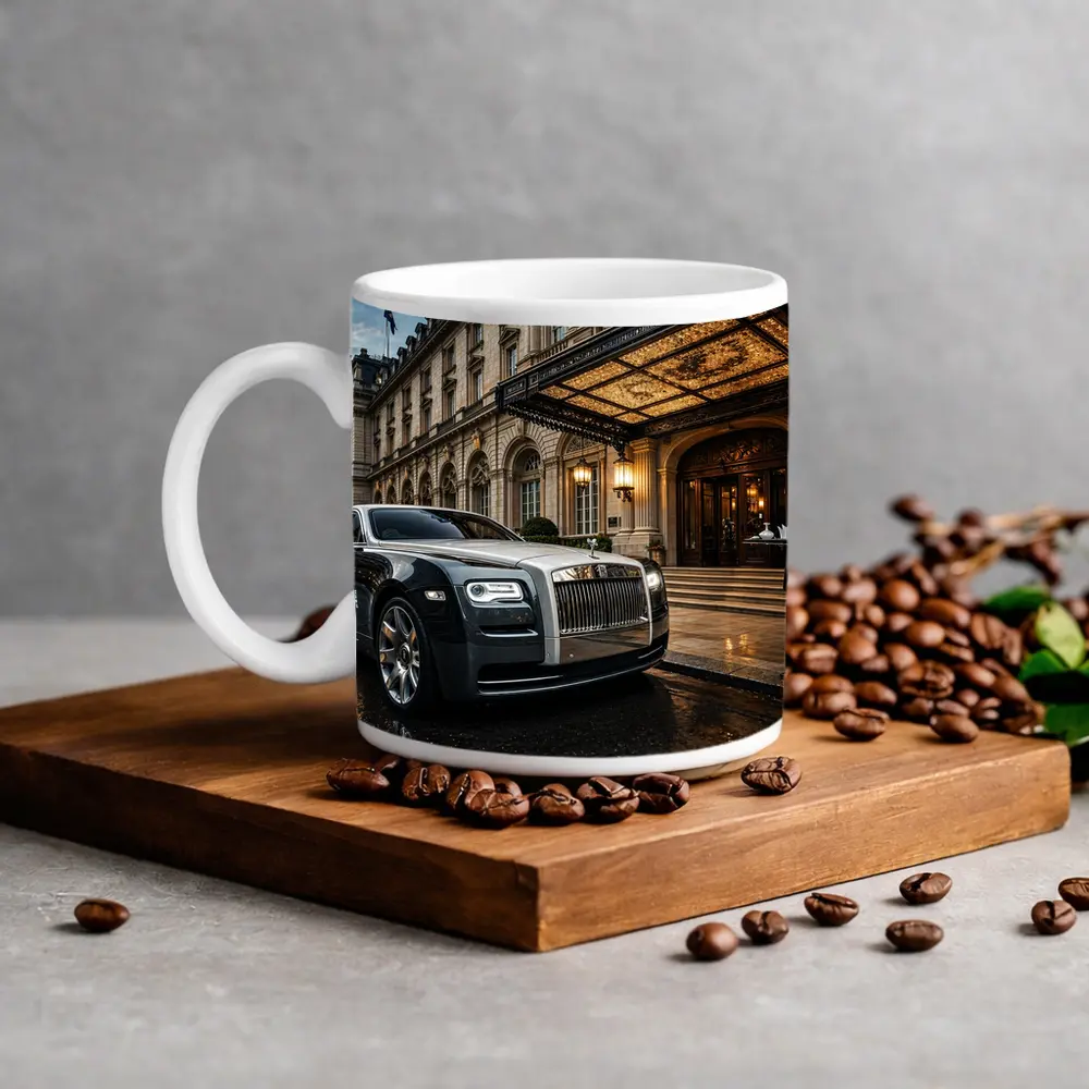 Rolls Royce Ghost Outside Luxury Hotel Entrance – Mugs