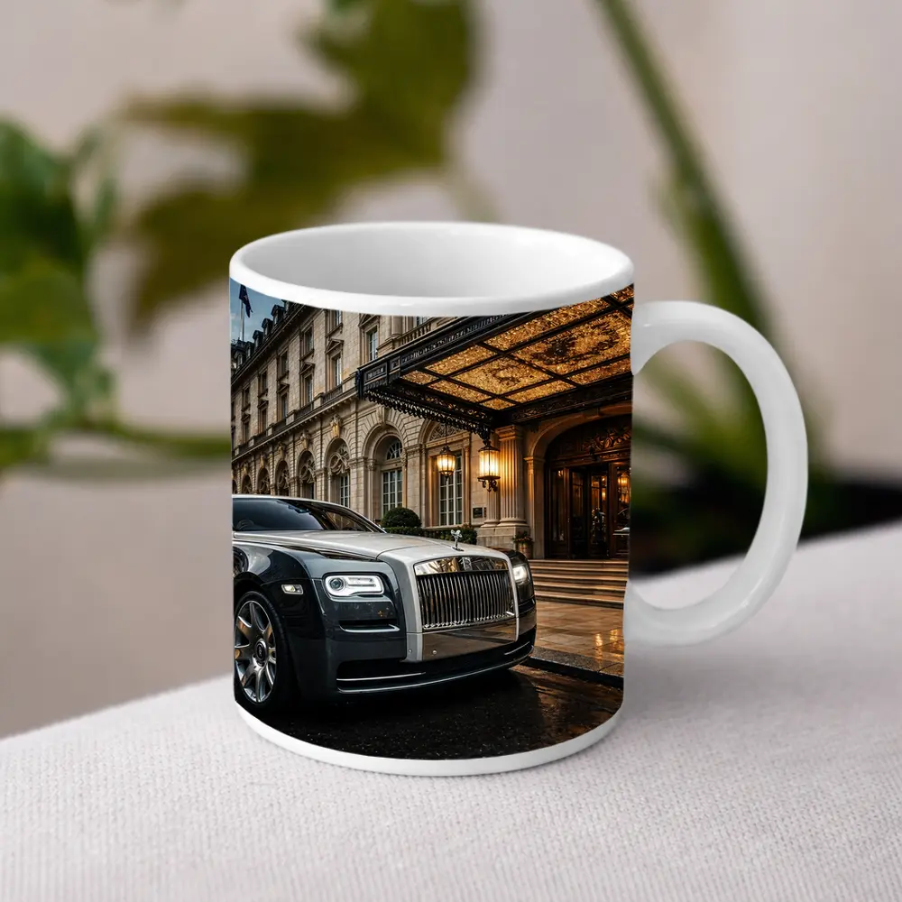 Rolls Royce Ghost Outside Luxury Hotel Entrance – Mugs