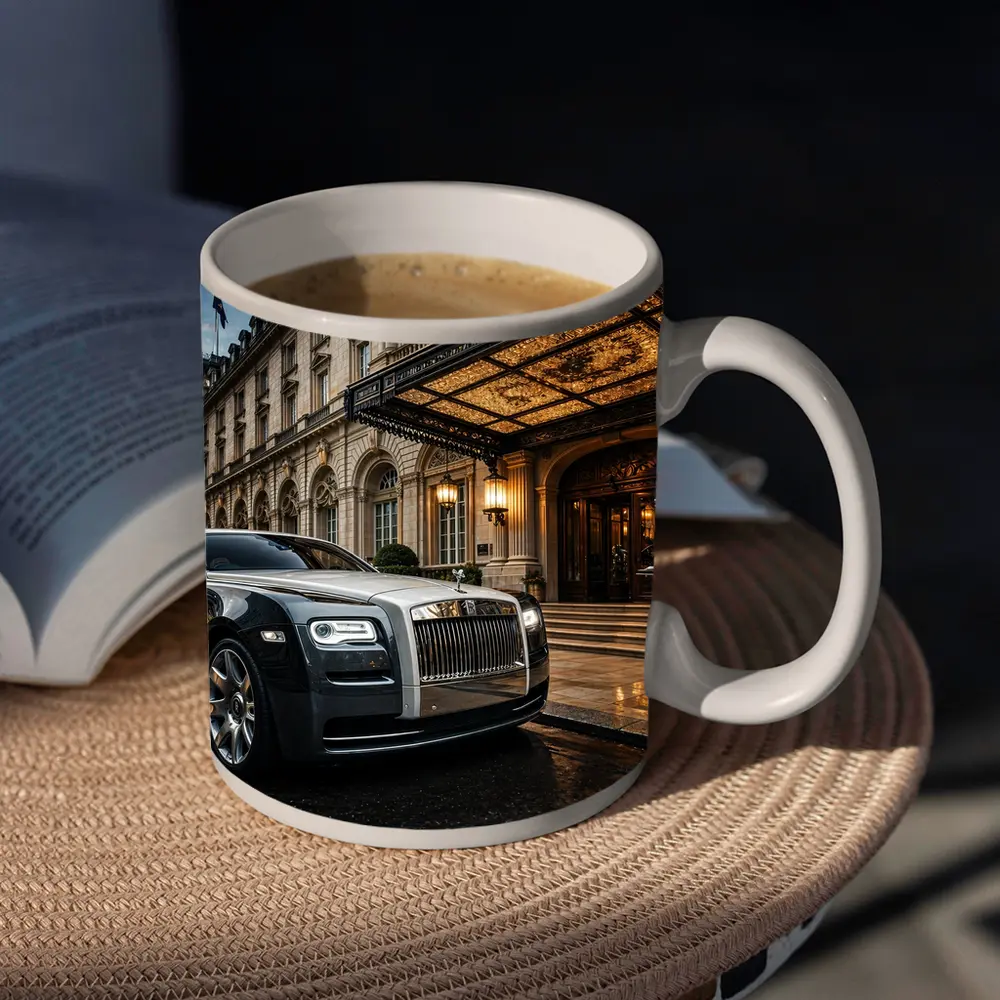 Rolls Royce Ghost Outside Luxury Hotel Entrance – Mugs