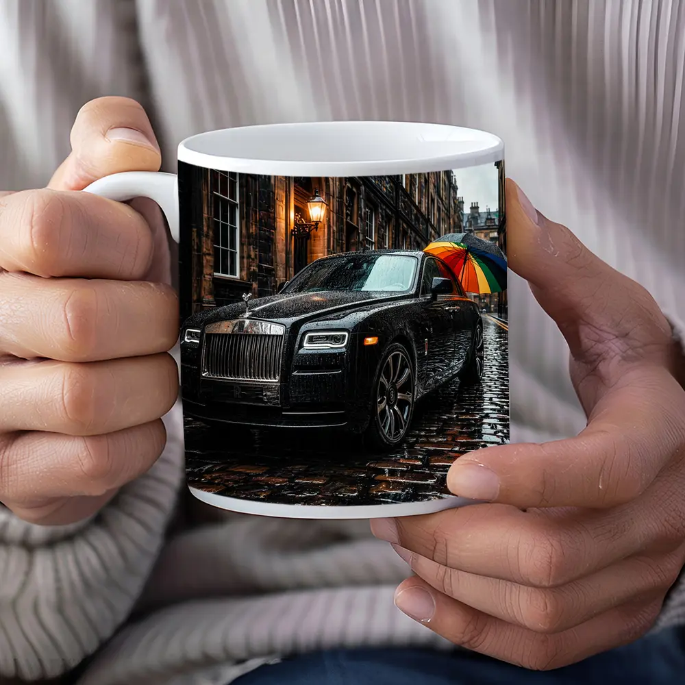 Rolls Royce Ghost Rainy Cobblestone Street – Mugs
