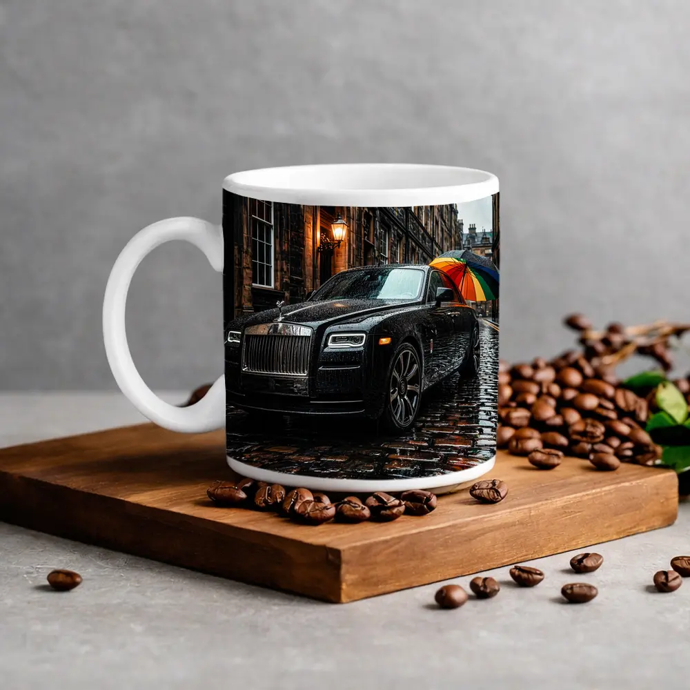 Rolls Royce Ghost Rainy Cobblestone Street – Mugs