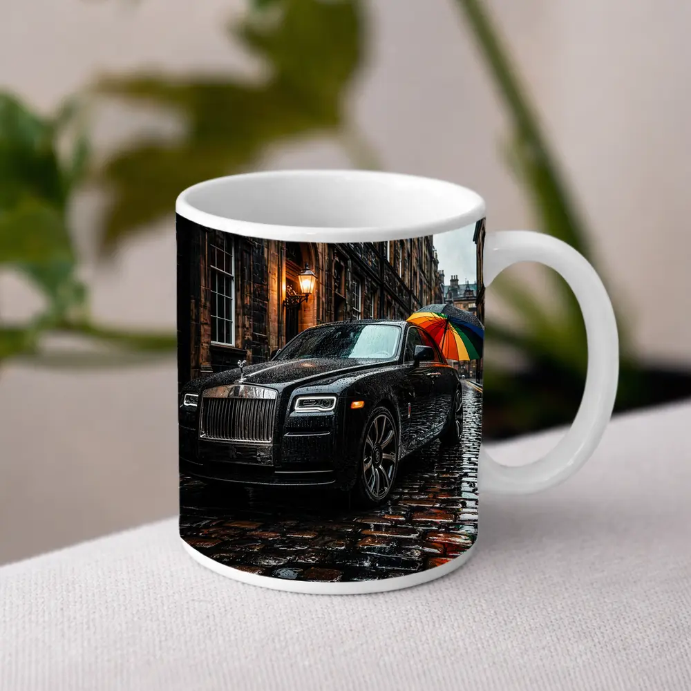 Rolls Royce Ghost Rainy Cobblestone Street – Mugs