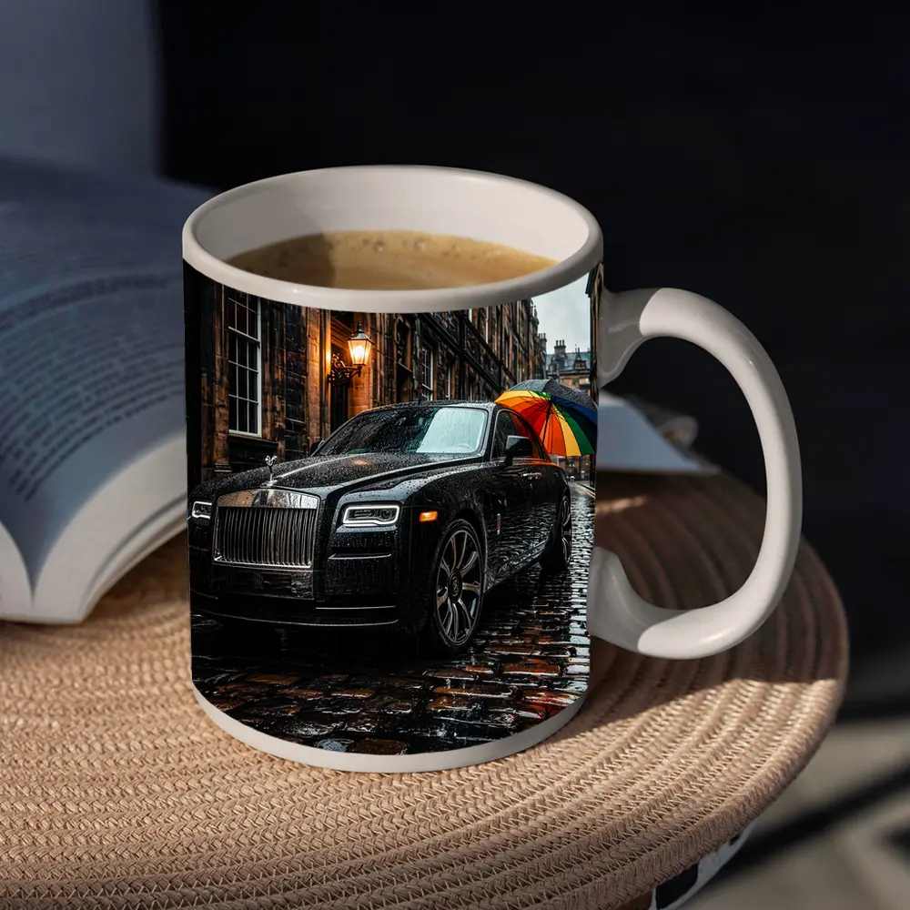 Rolls Royce Ghost Rainy Cobblestone Street – Mugs