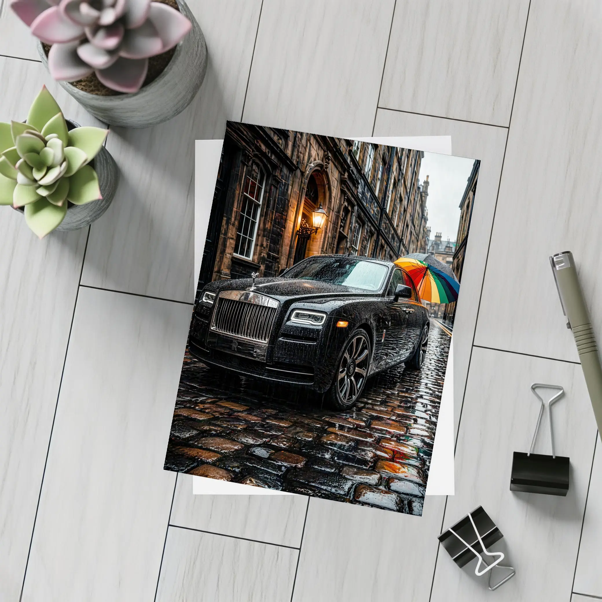 Rolls Royce Ghost Rainy Cobblestone Street – Postcards