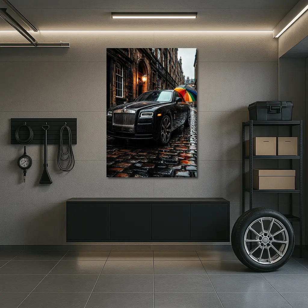 Rolls Royce Ghost Rainy Cobblestone Street – Wall Art