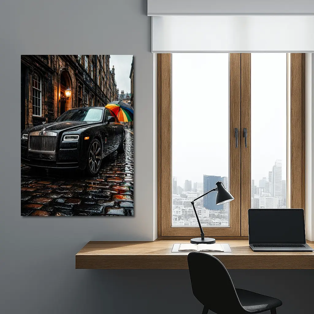Rolls Royce Ghost Rainy Cobblestone Street – Wall Art