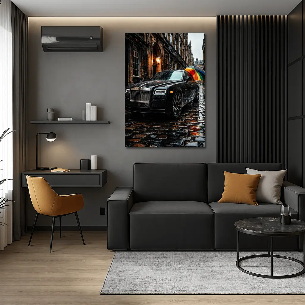 Rolls Royce Ghost Rainy Cobblestone Street – Wall Art