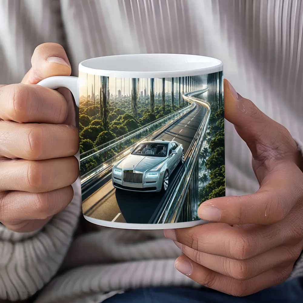 Rolls Royce Ghost Cruising Futuristic Forest Highway – Mugs