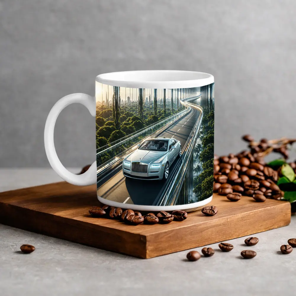Rolls Royce Ghost Cruising Futuristic Forest Highway – Mugs