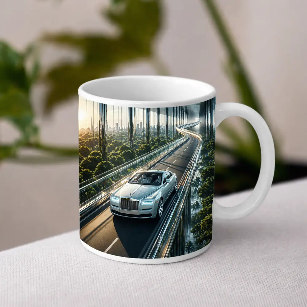 Rolls Royce Ghost Cruising Futuristic Forest Highway – Mugs