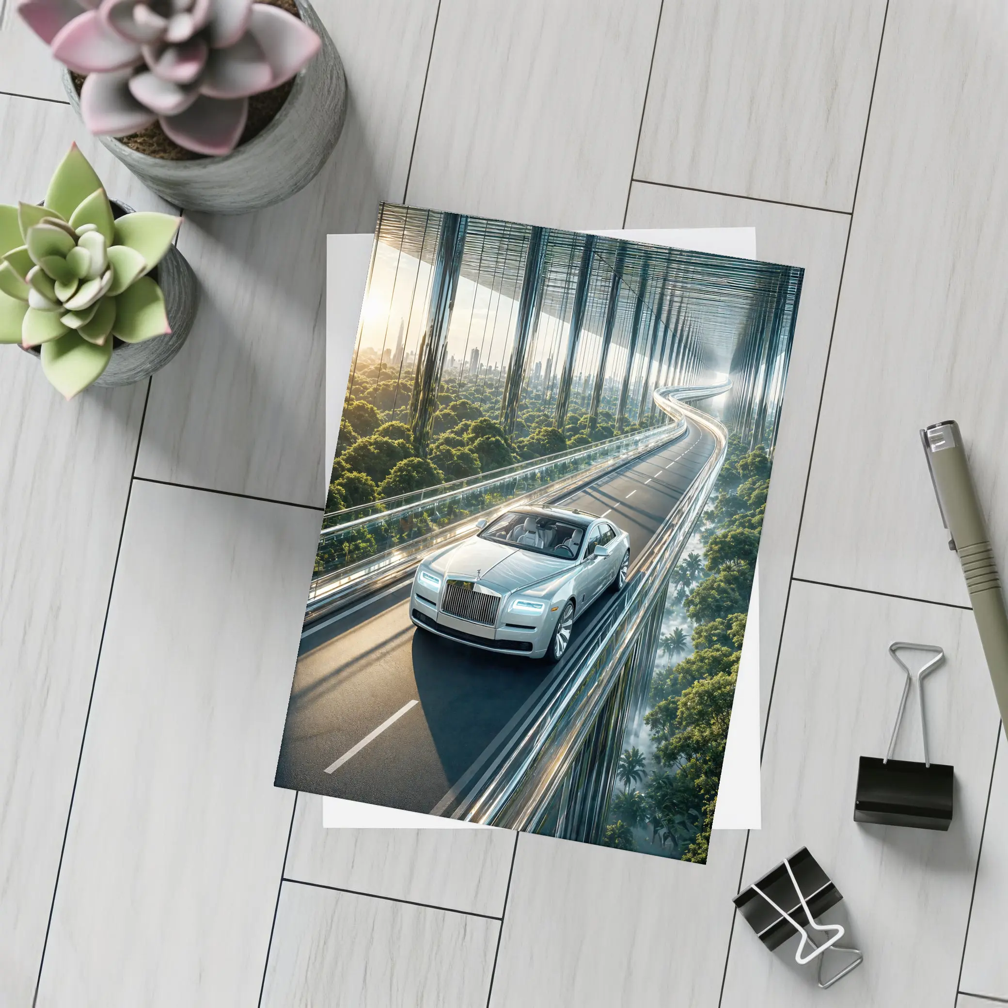 Rolls Royce Ghost Cruising Futuristic Forest Highway – Postcards