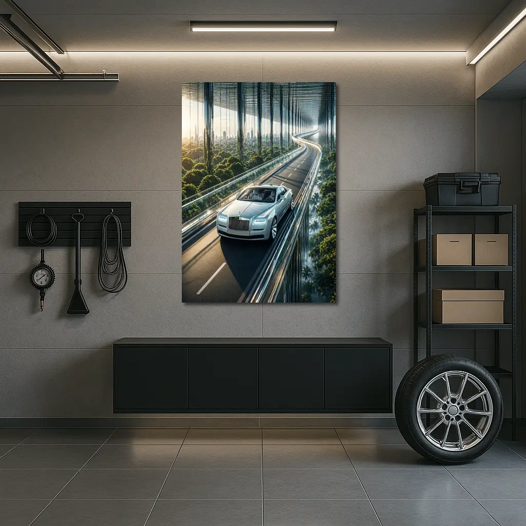Rolls Royce Ghost Cruising Futuristic Forest Highway – Wall Art