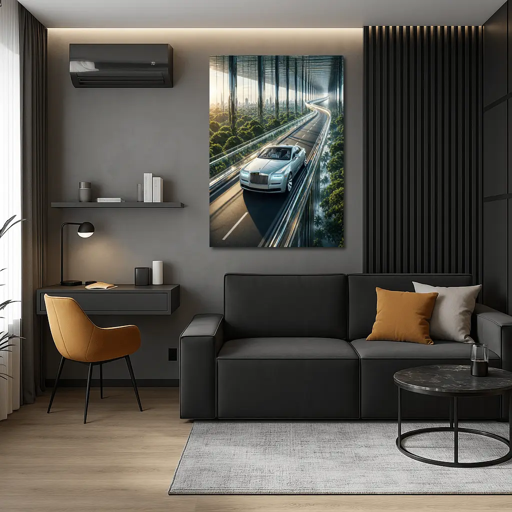 Rolls Royce Ghost Cruising Futuristic Forest Highway – Wall Art