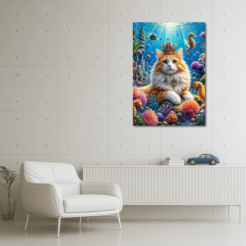 Royal Cat Wearing Crown Underwater Coral Kingdom – Wall Art