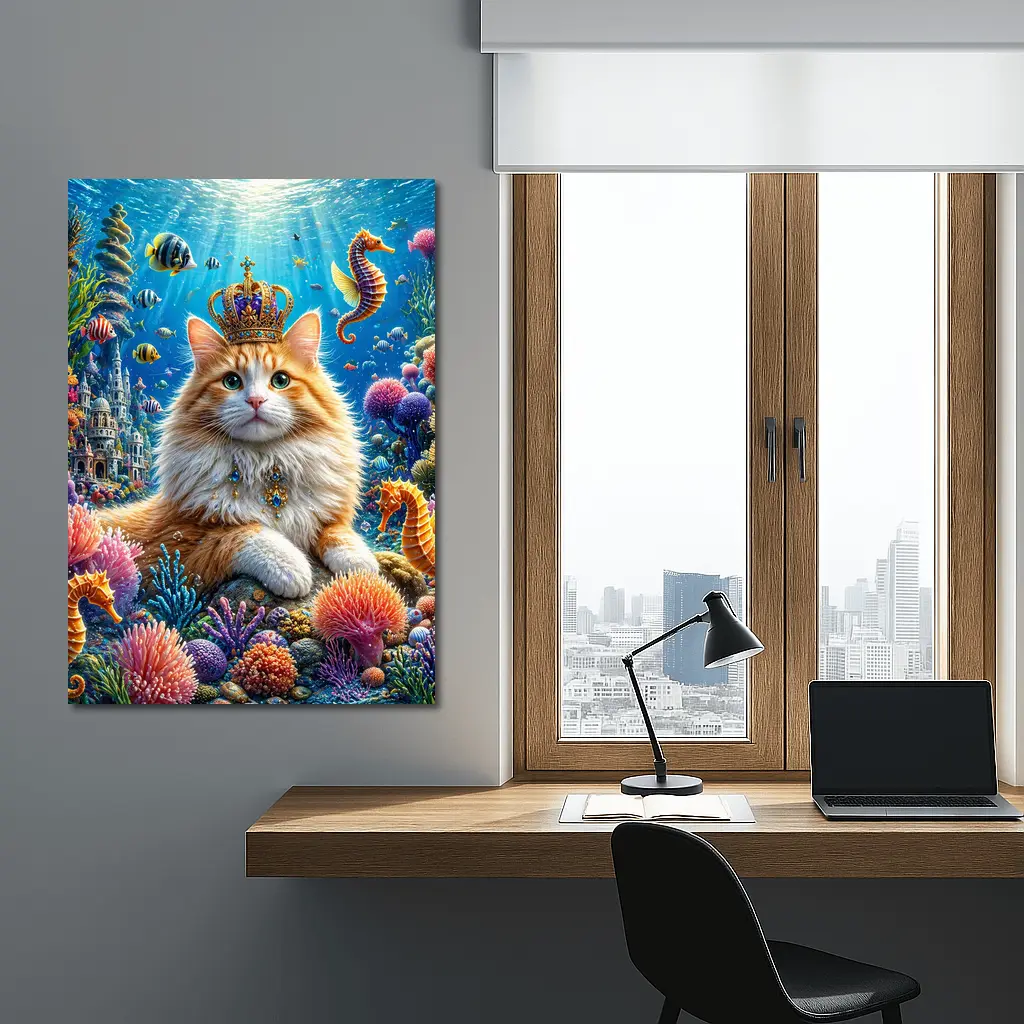 Royal Cat Wearing Crown Underwater Coral Kingdom – Wall Art