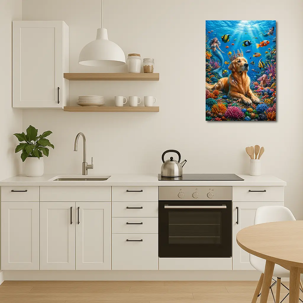 Golden Retriever King Underwater Coral Reef Fantasy – Wall Art