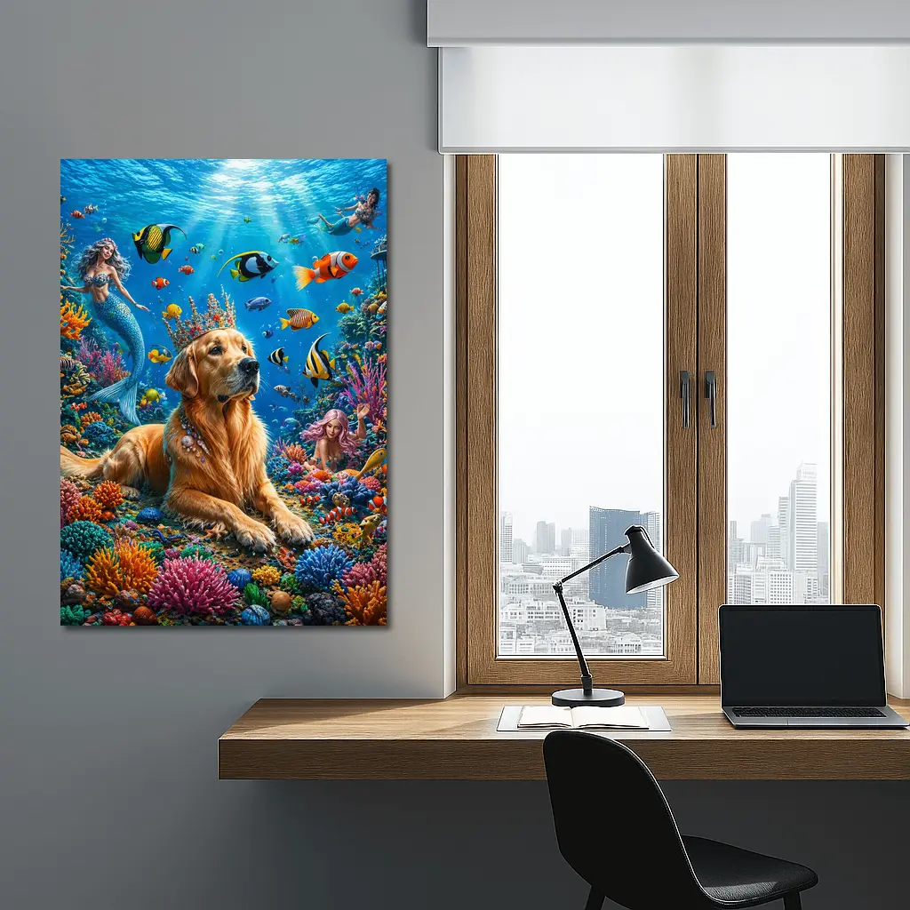 Golden Retriever King Underwater Coral Reef Fantasy – Wall Art