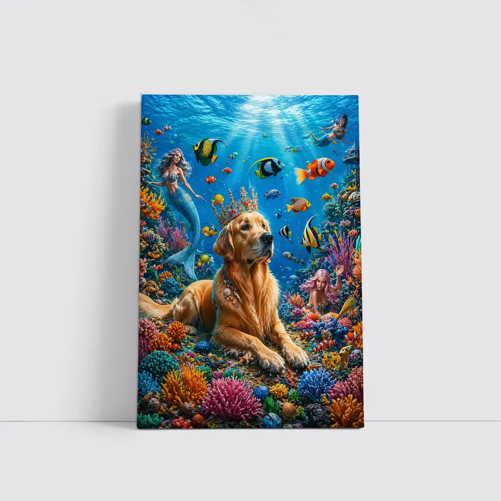 Golden Retriever King Underwater Coral Reef Fantasy – Wall Art
