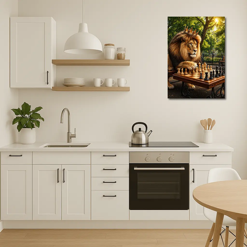 Crowned Lion Playing Chess in Park – Wall Art