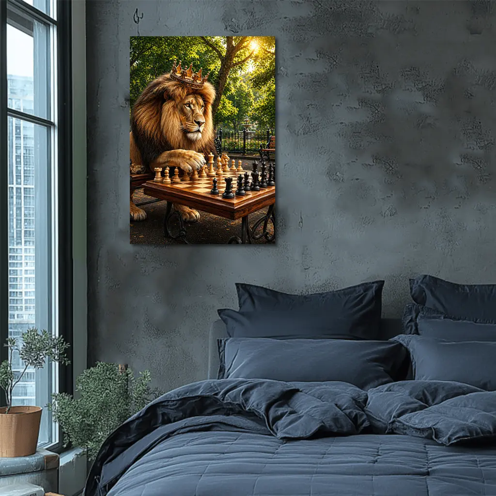 Crowned Lion Playing Chess in Park – Wall Art