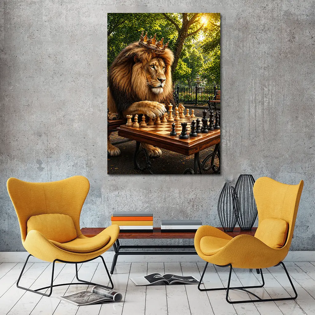 Crowned Lion Playing Chess in Park – Wall Art