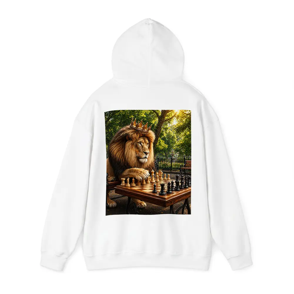 Crowned Lion Playing Chess in Park – Hoodies