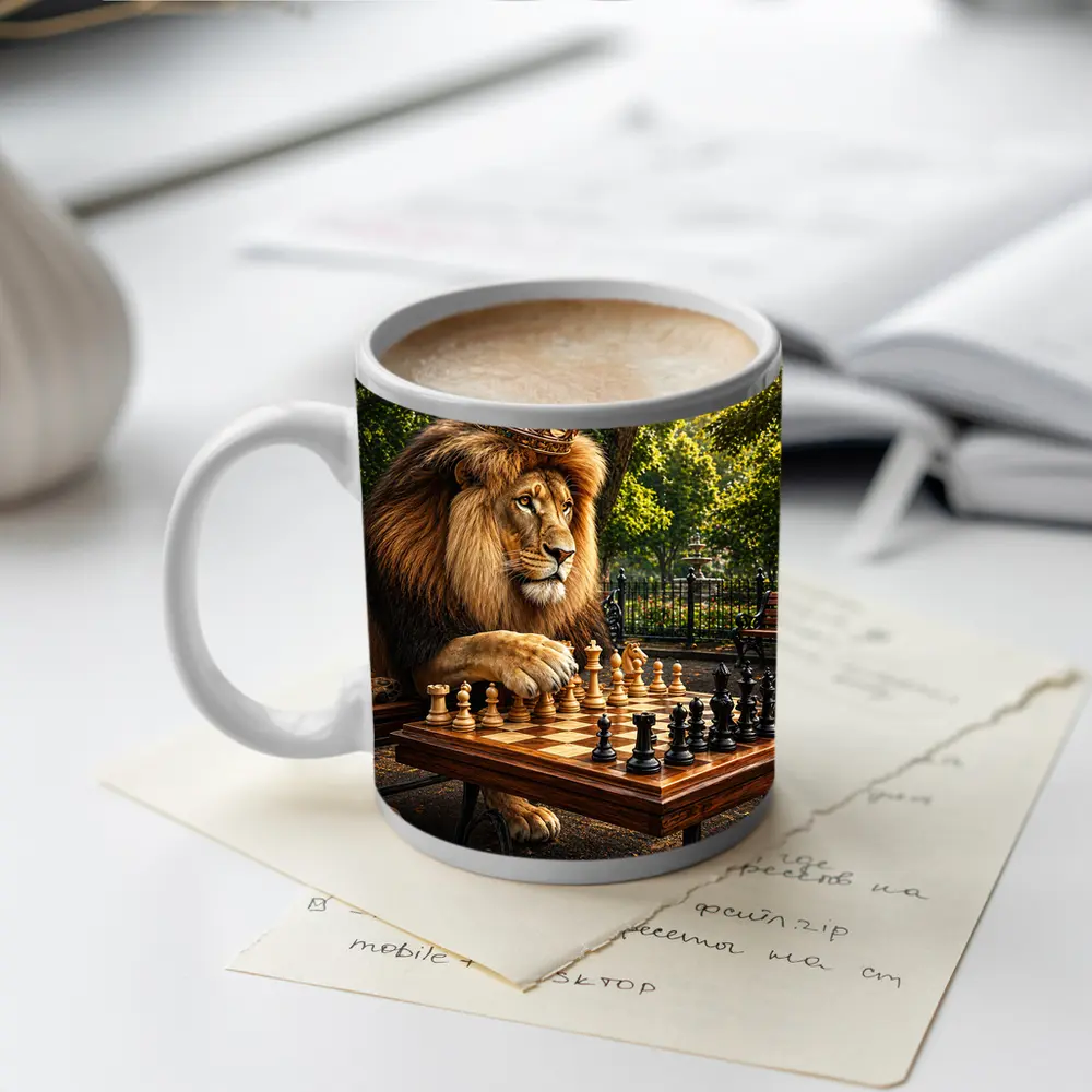 Crowned Lion Playing Chess in Park – Mugs