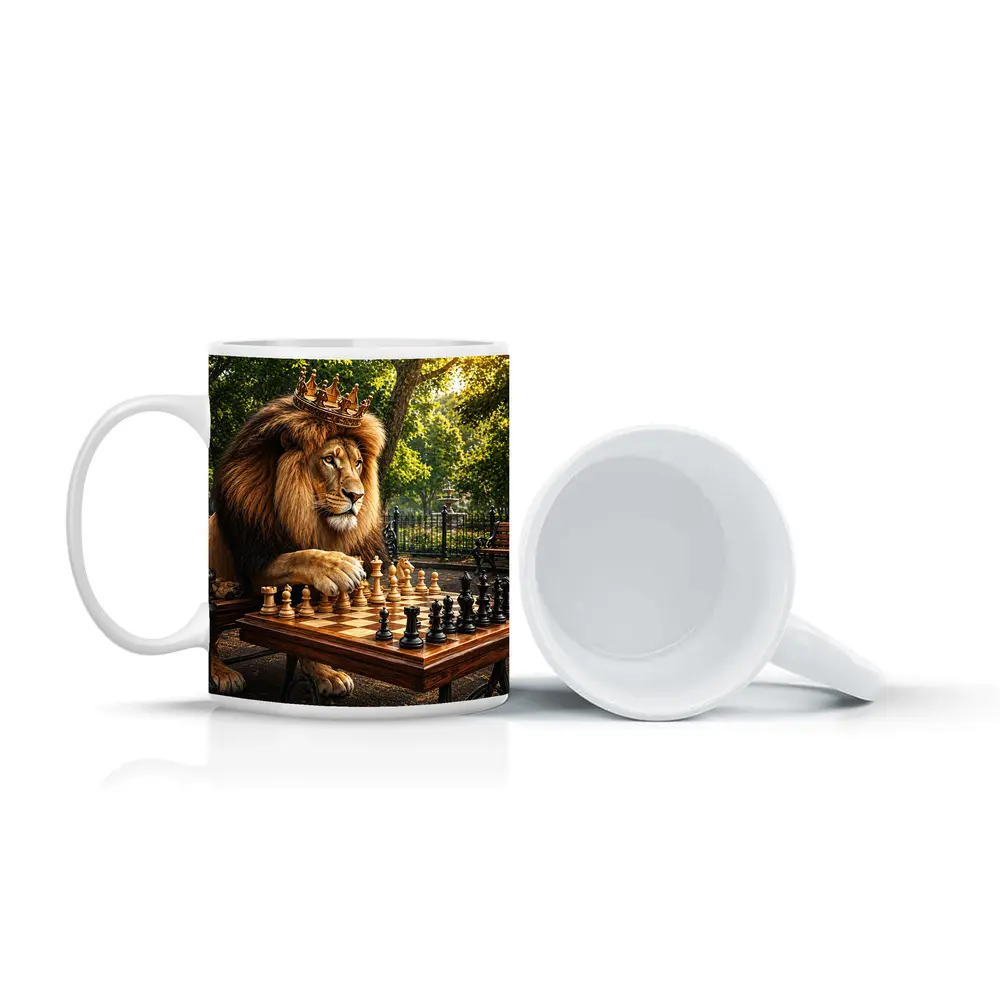 Crowned Lion Playing Chess in Park – Mugs