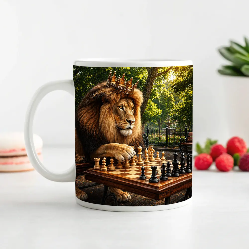 Crowned Lion Playing Chess in Park – Mugs