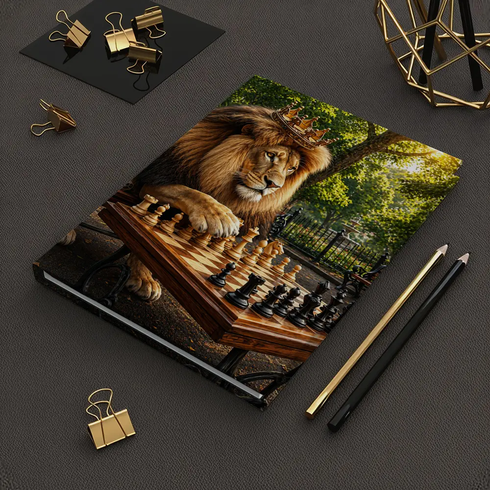 Crowned Lion Playing Chess in Park – Notebooks