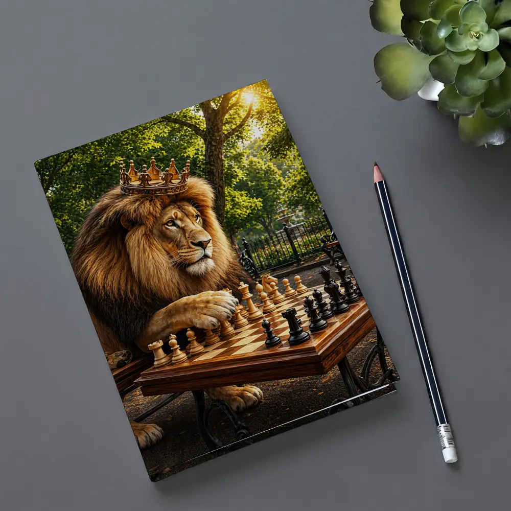 Crowned Lion Playing Chess in Park – Notebooks