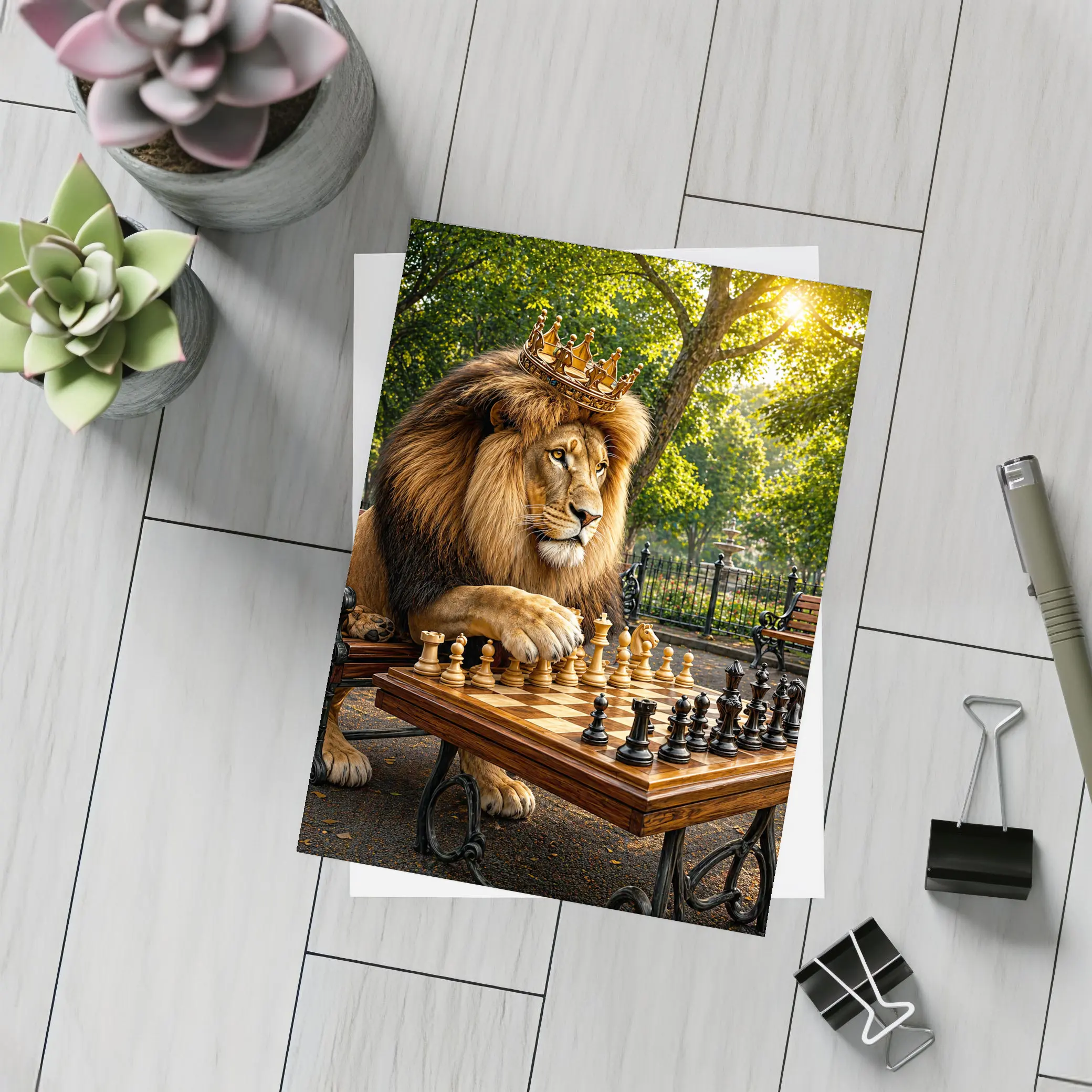 Crowned Lion Playing Chess in Park – Postcards