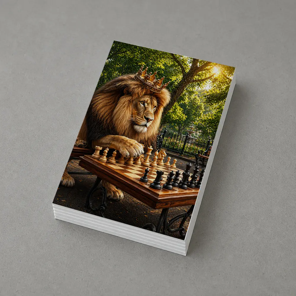 Crowned Lion Playing Chess in Park – Postcards