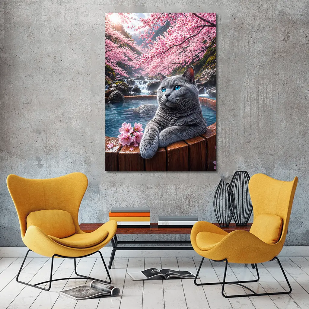 Russian Blue Cat Cherry Blossoms Hot Spring – Wall Art