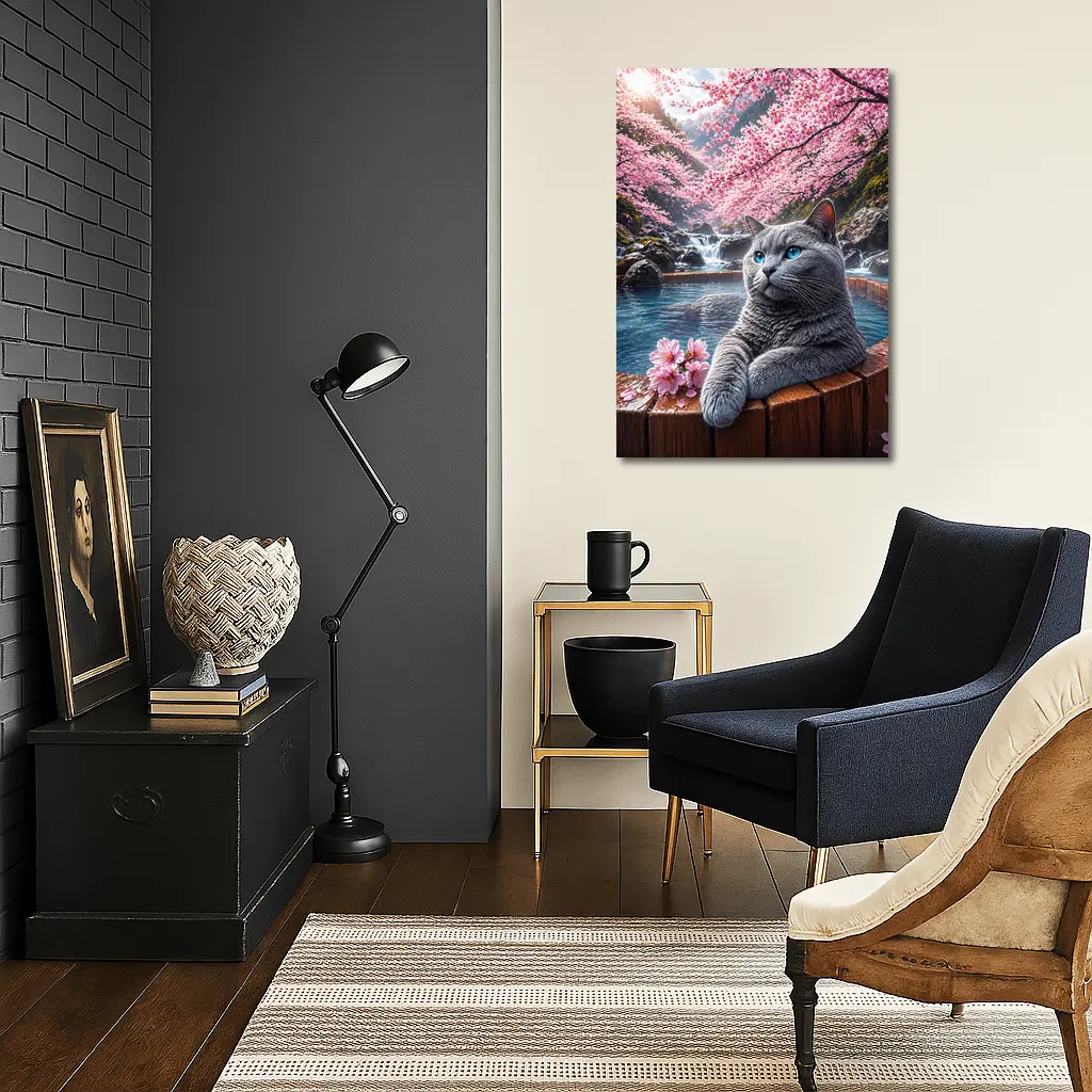 Russian Blue Cat Cherry Blossoms Hot Spring – Wall Art