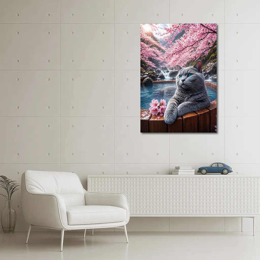 Russian Blue Cat Cherry Blossoms Hot Spring – Wall Art