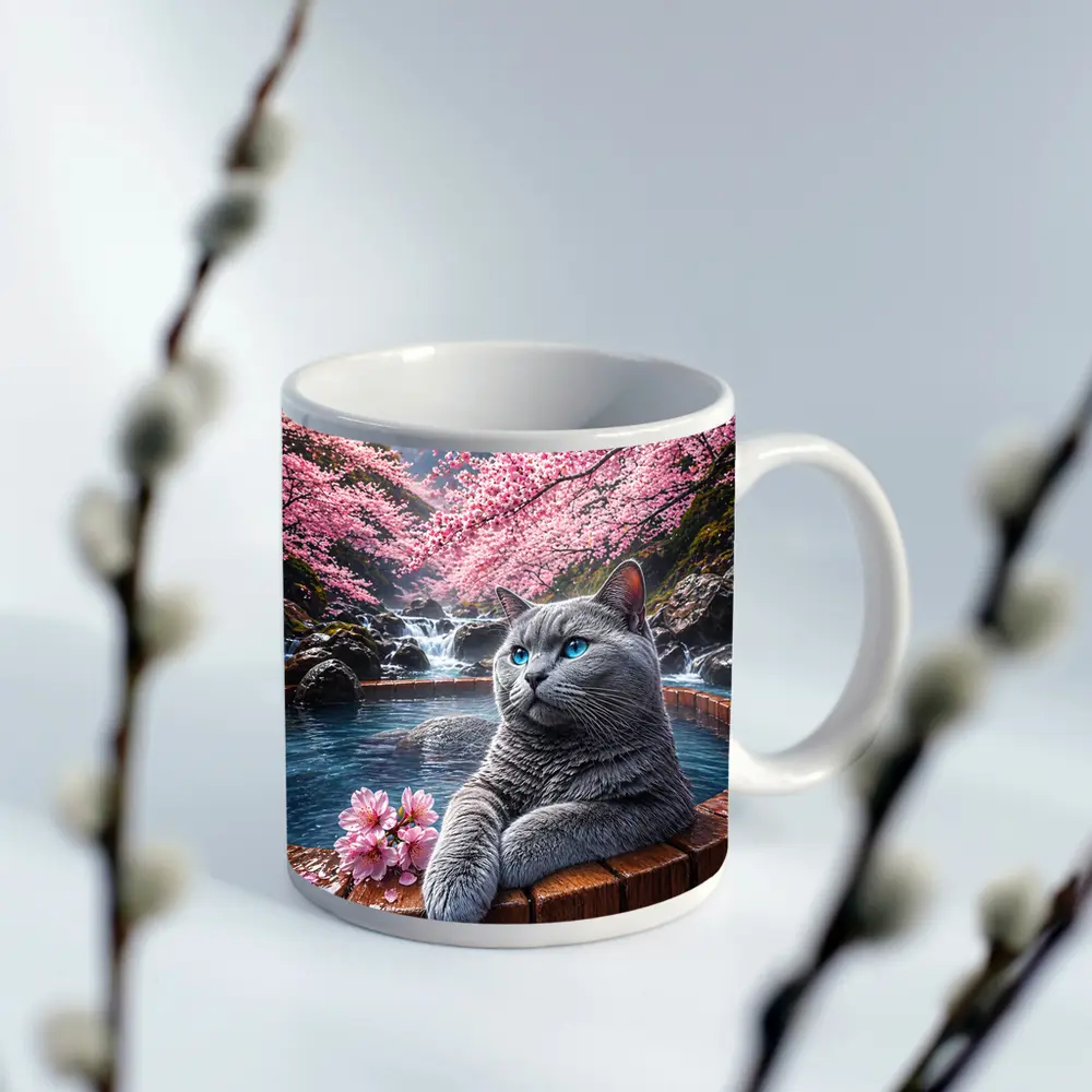 Russian Blue Cat Cherry Blossoms Hot Spring – Mugs