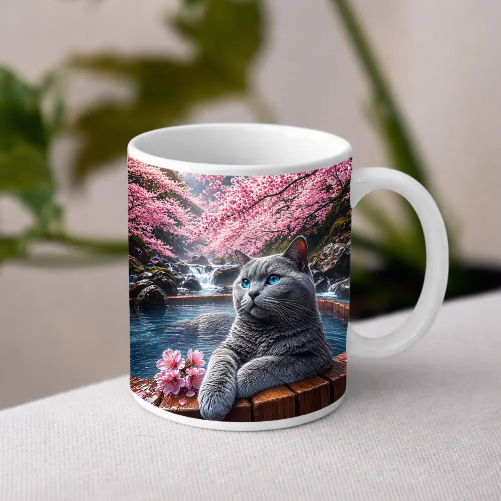 Russian Blue Cat Cherry Blossoms Hot Spring – Mugs