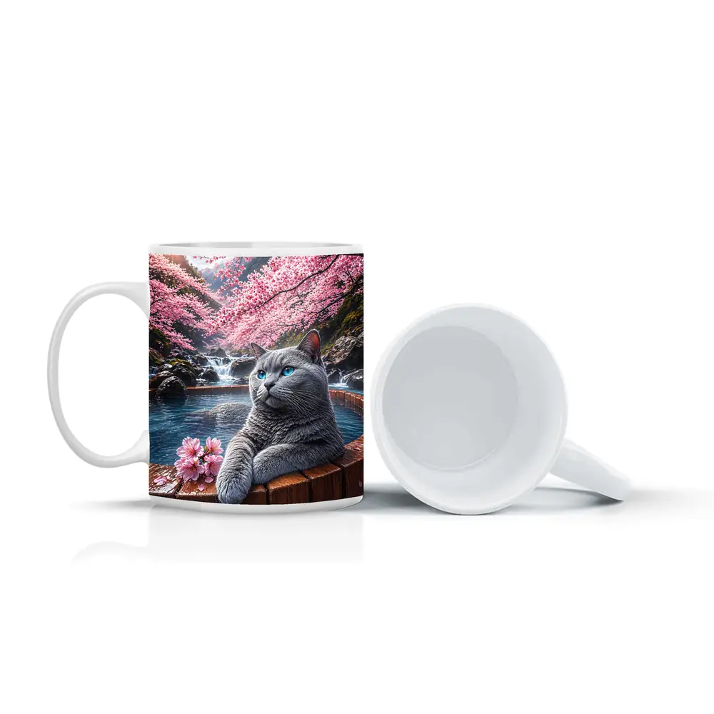 Russian Blue Cat Cherry Blossoms Hot Spring – Mugs