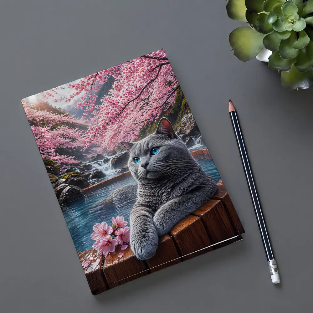 Russian Blue Cat Cherry Blossoms Hot Spring – Notebooks