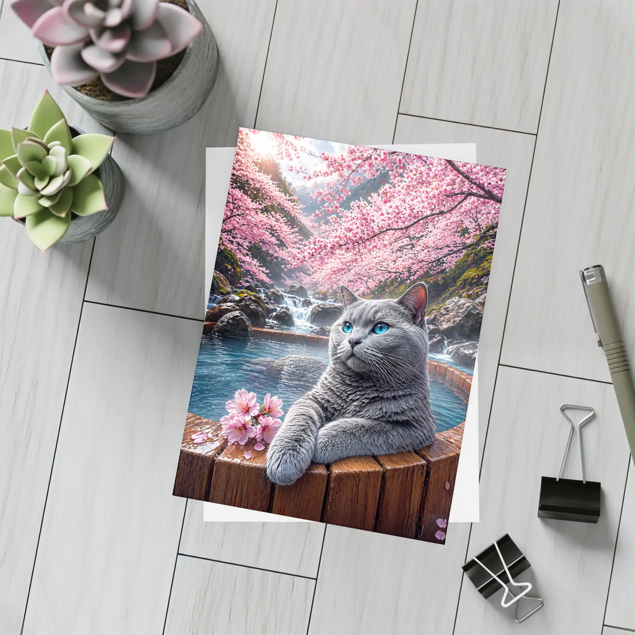 Russian Blue Cat Cherry Blossoms Hot Spring – Postcards