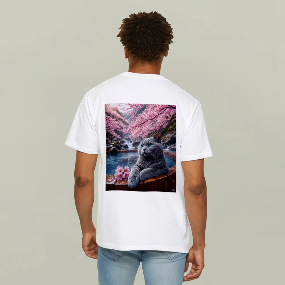 Russian Blue Cat Cherry Blossoms Hot Spring – T-Shirts
